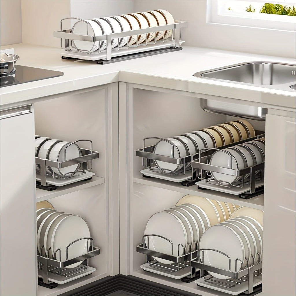 Stainless Steel Pull-Out Dish Rack (Adjustable Dividers & Drain Tray)