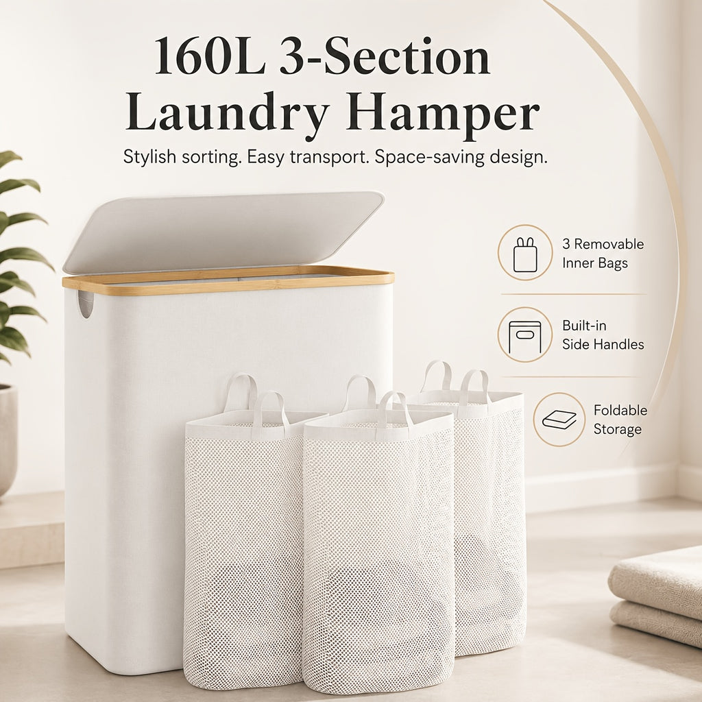 3-Section Bamboo Laundry Hamper (Removable Washable Bags)