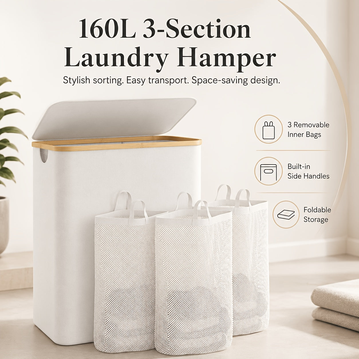 3-Section Bamboo Laundry Hamper (Removable Washable Bags)