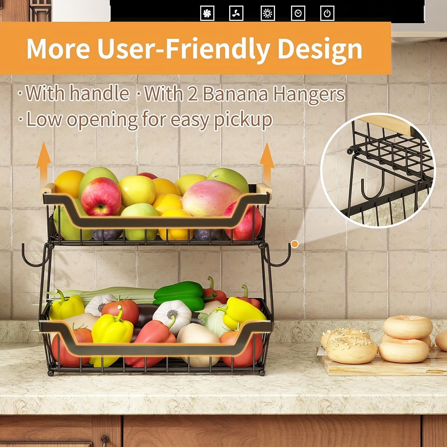 Dual-Tier Metal Countertop Fruit Basket (With Banana Hangers)
