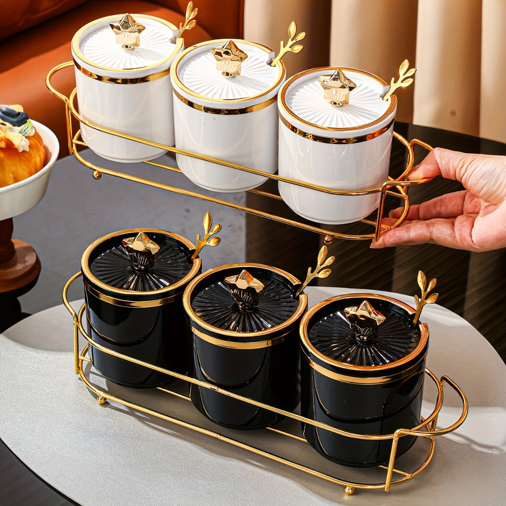 Compact 3-Canister Seasoning Set (With Rack & Spoons)
