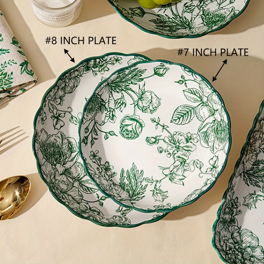 Green Rose Floral Ceramic Tableware Set (Multi-Piece)