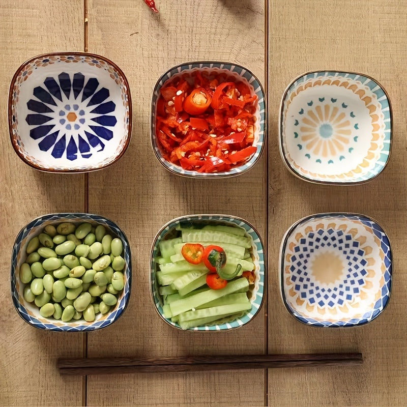 Bohemian Hand-Painted Ceramic Square Bowl Set (Set of 6)