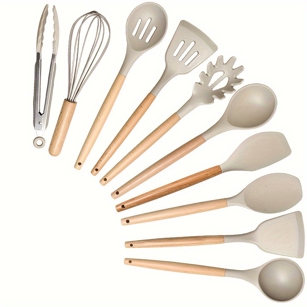 Heat-Resistant Silicone Utensil Set With Wooden Handles (10-Piece)