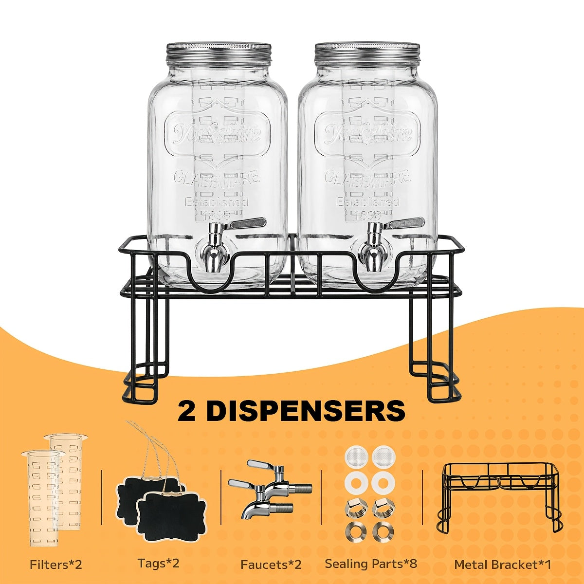 Glass Fruit Infuser & Ice Cylinder Beverage Dispenser (Set of 2, 1 Gallon)