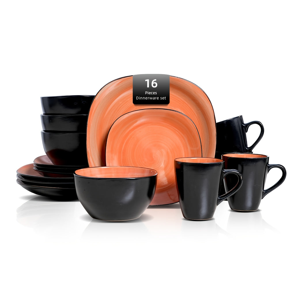 Hand-Brushed Square Stoneware Dinnerware Set (16-Piece)
