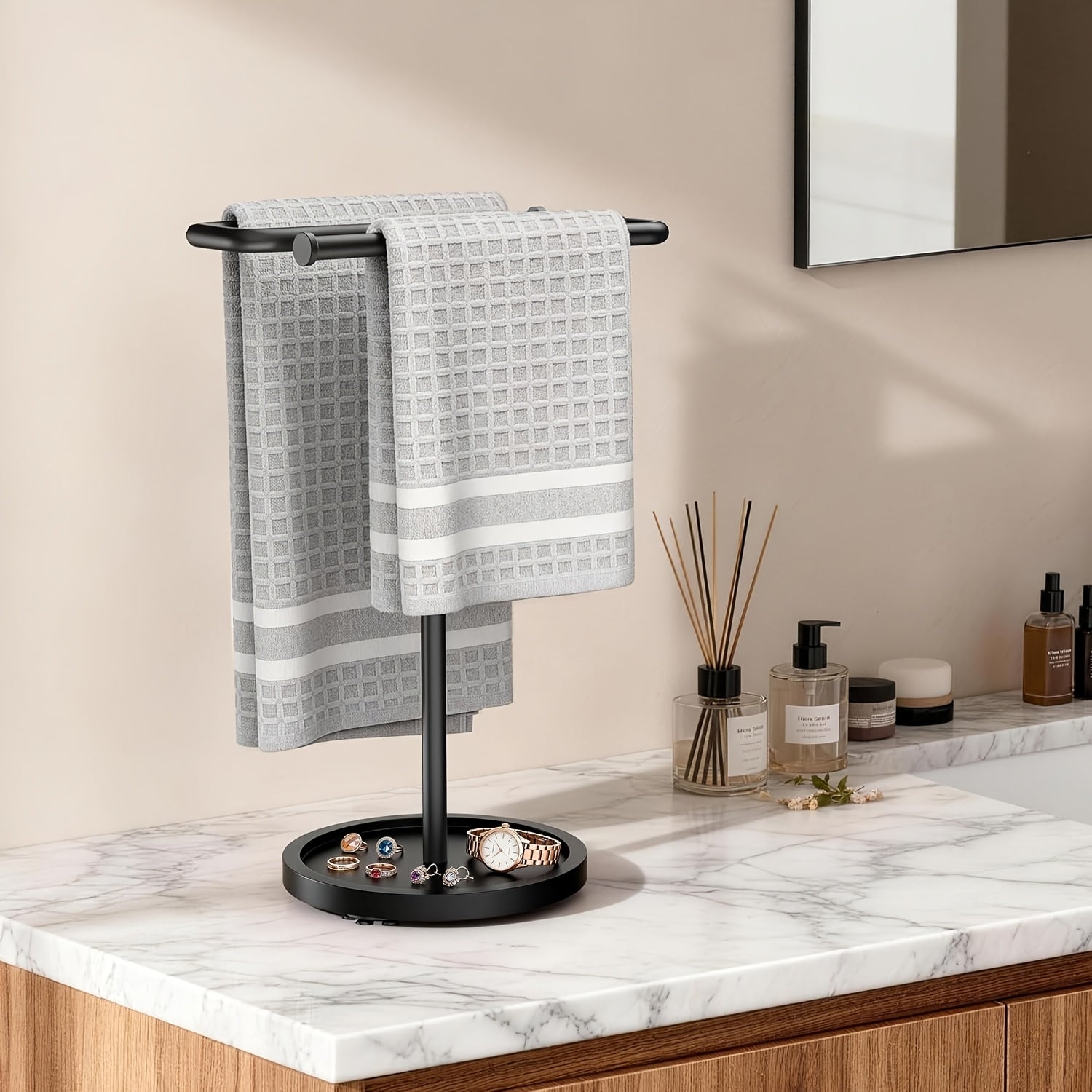 Adjustable Height Suction-Base Towel Rack & Jewelry Tray