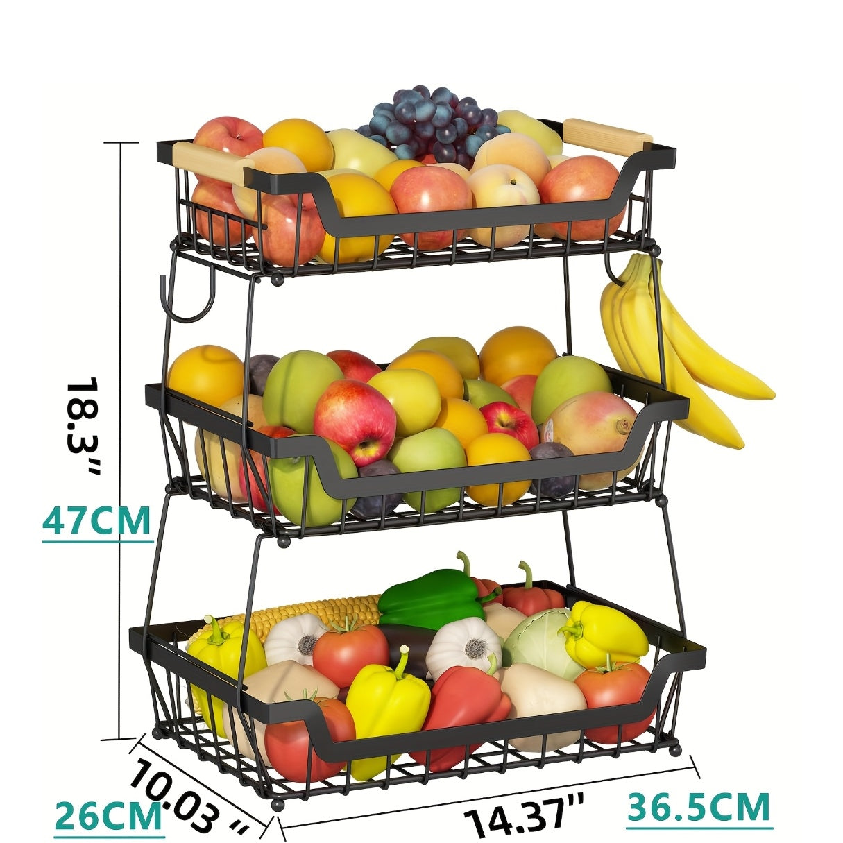 Dual-Tier Metal Countertop Fruit Basket (With Banana Hangers)