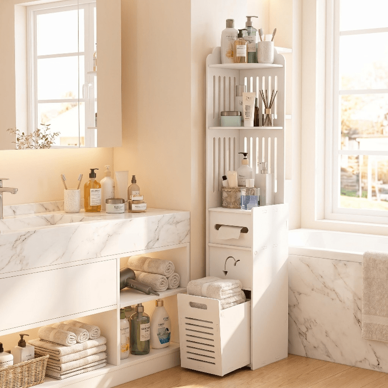 Space-Saving Multi-Tier Floor-Mounted Corner Bathroom Shelf (With Pull-Out Laundry Basket)