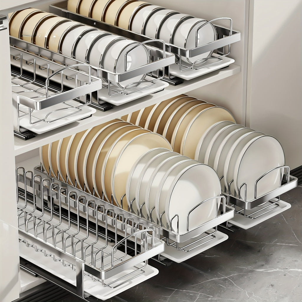 Stainless Steel Pull-Out Dish Rack (Adjustable Dividers & Drain Tray)