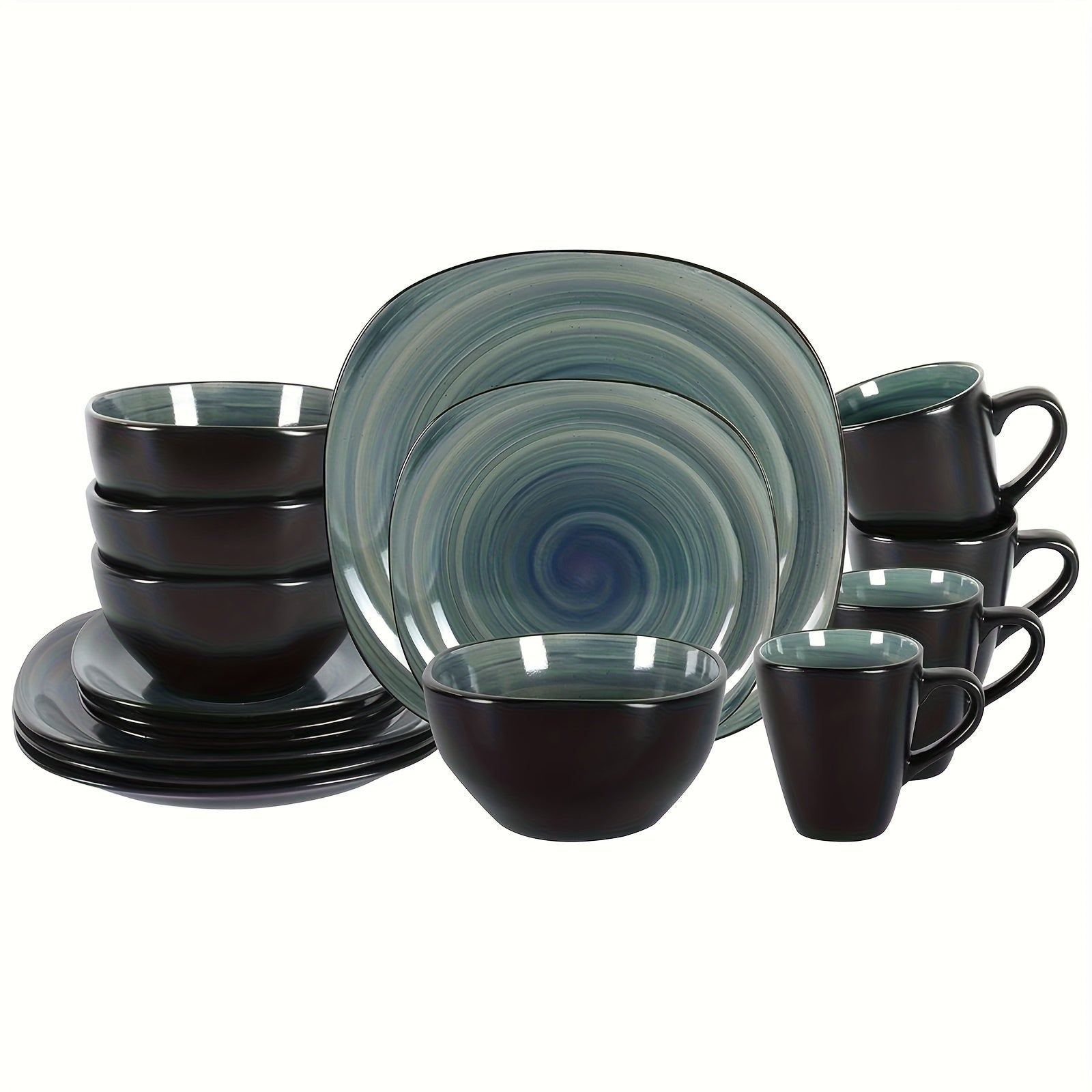 Hand-Brushed Square Stoneware Dinnerware Set (16-Piece)