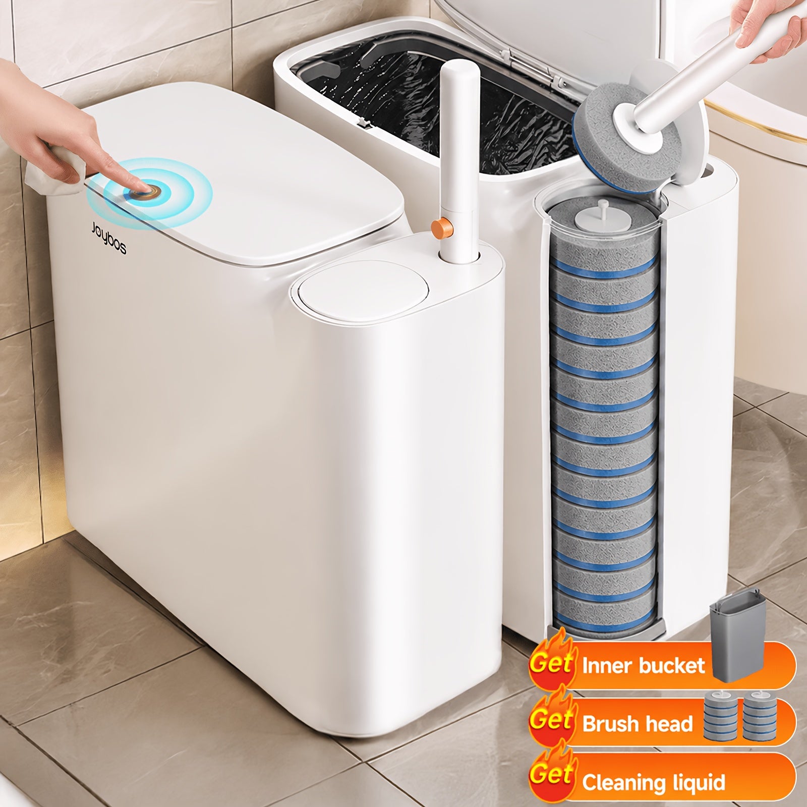 Space-Saving Pull-Out Trash Can & Toilet Brush Set (With Disposable Heads)