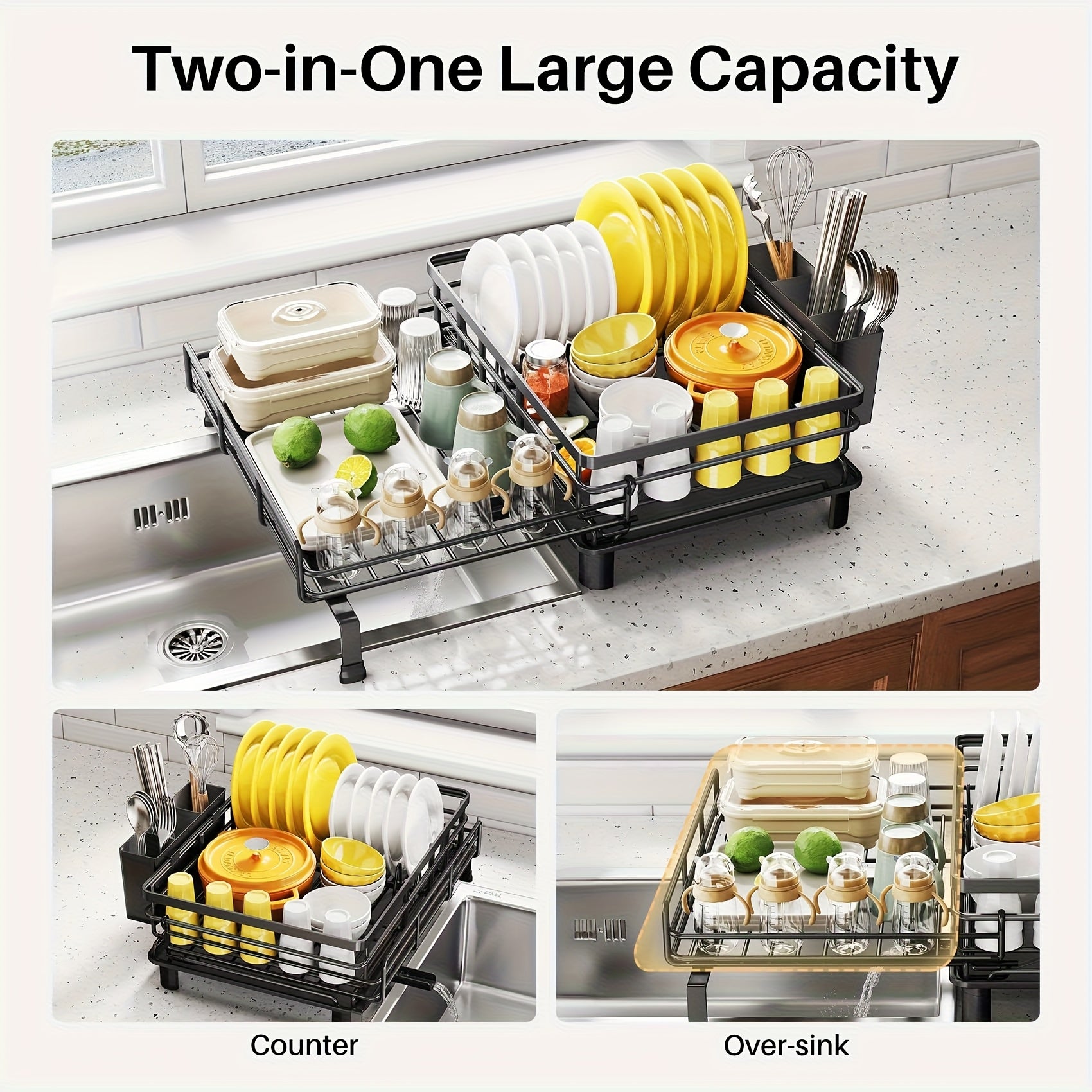 Extendable & Foldable Stainless Steel Dish Drying Rack (With Utensil Holder)