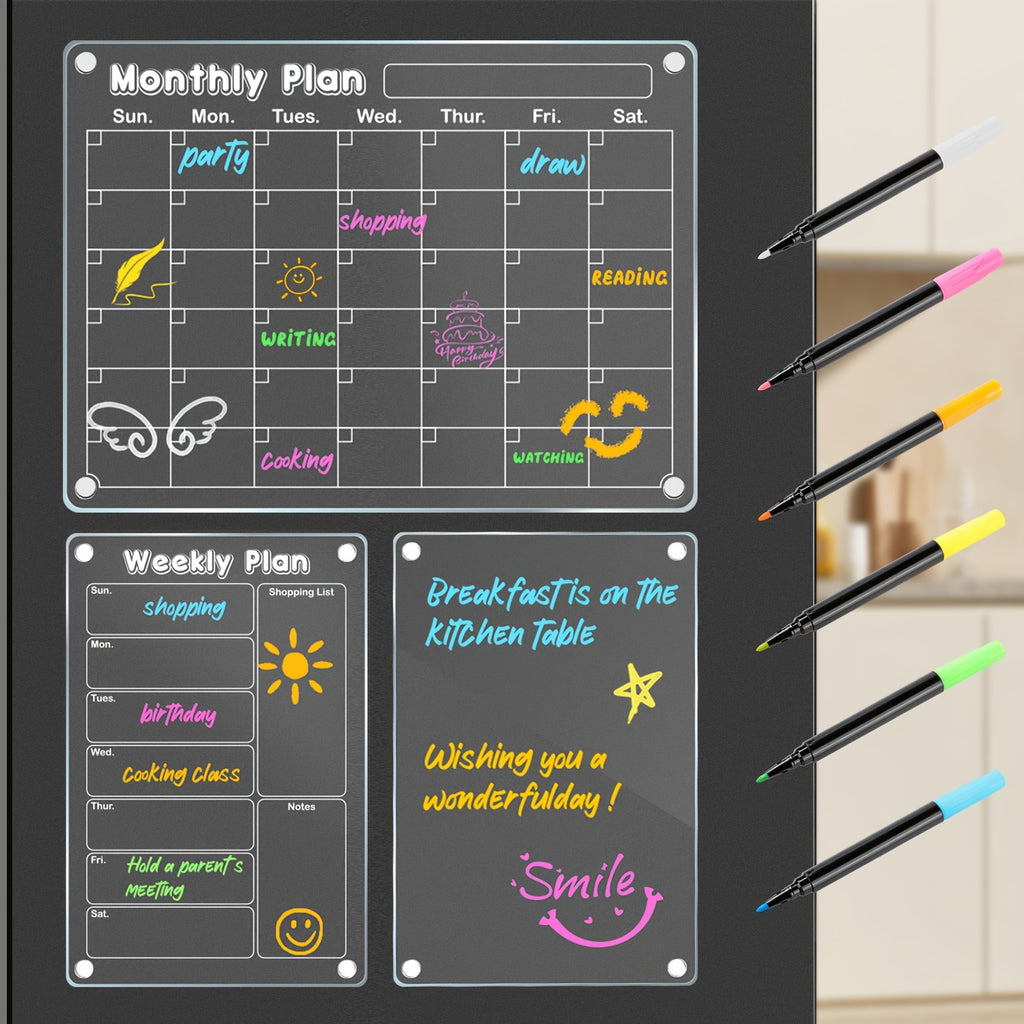Clear Acrylic Magnetic Dry-Erase Fridge Calendar (With 6 Markers)