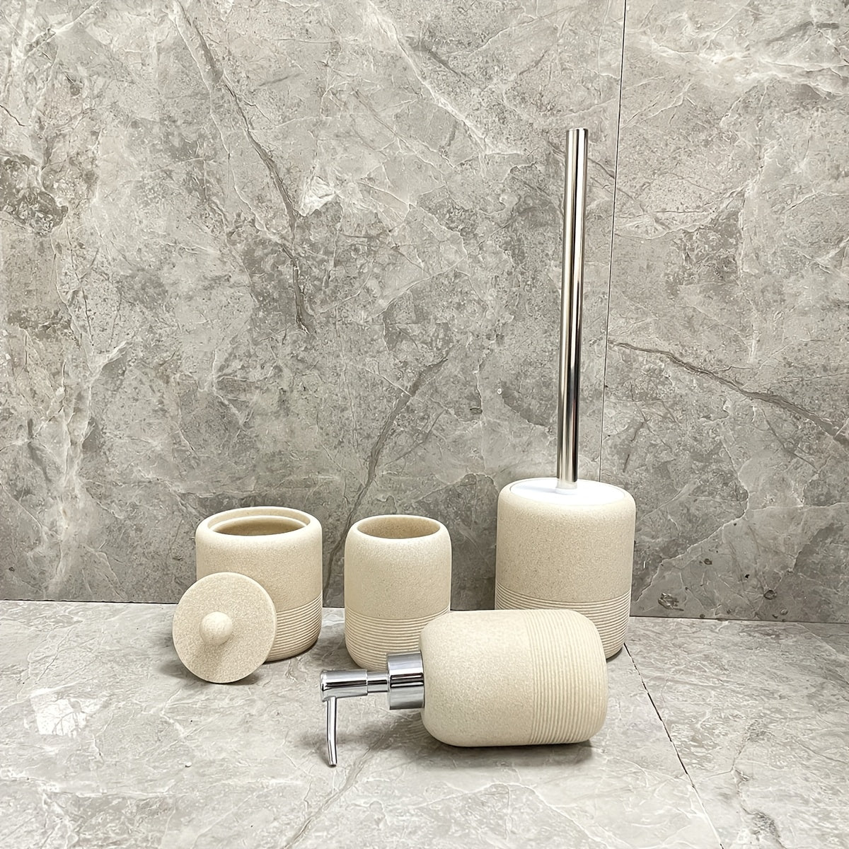 Durable Easy-Clean Beige Sandstone Bathroom Accessories Set (4-Piece)