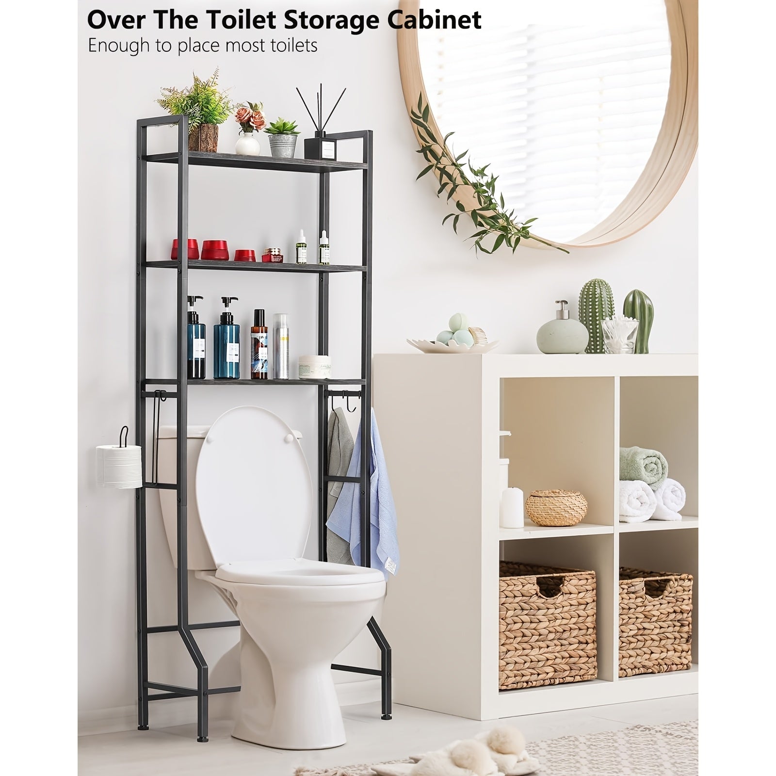 Space-Saving 3-Tier Wood Over-Toilet Shelf (Freestanding, Paper Holder & Hooks)