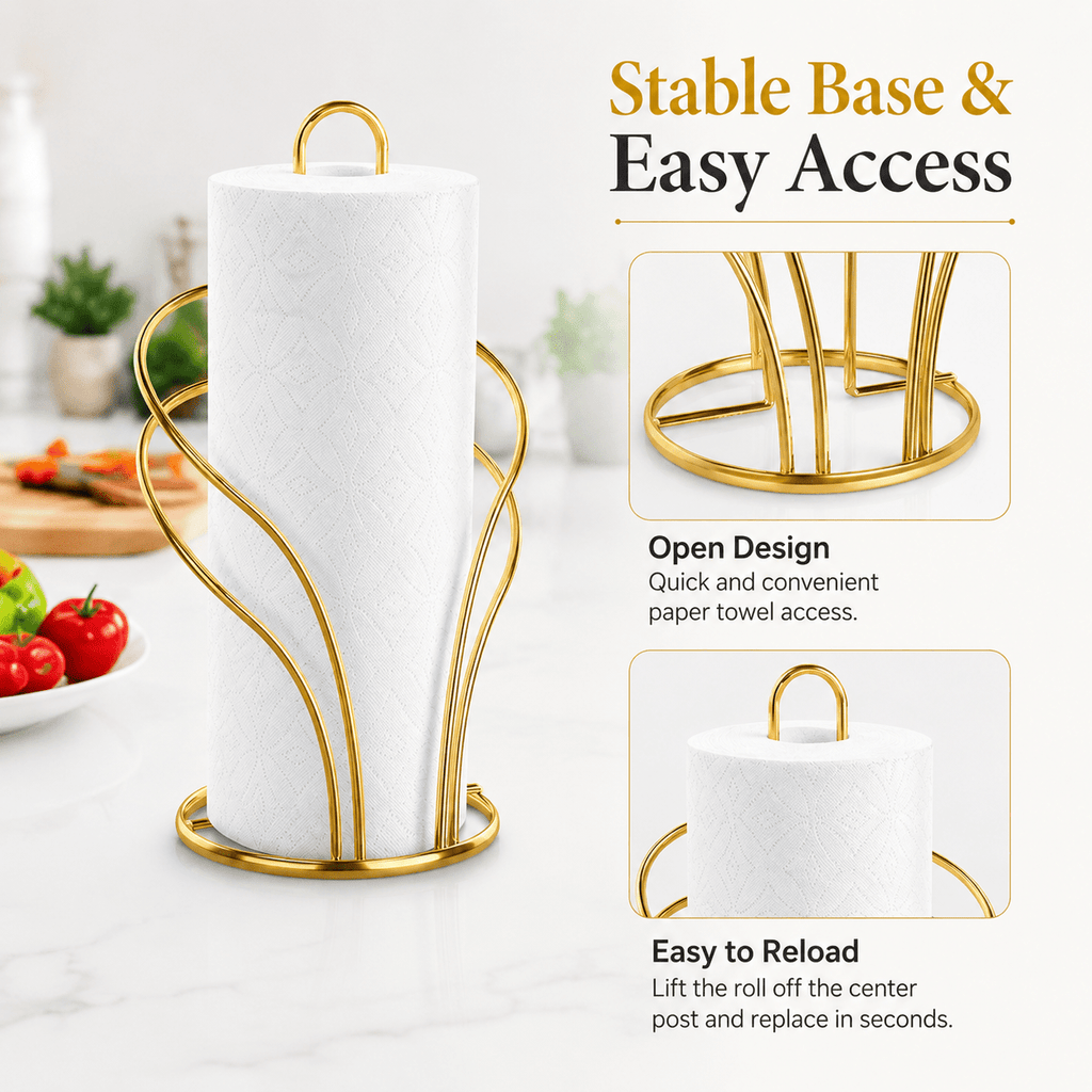 Stable Golden Metal Paper Towel & Cloth Holder (Countertop)