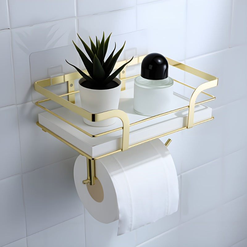 Golden Stainless Steel Dual-Layer Tissue Holder (Self-Adhesive & Drill-Mount)