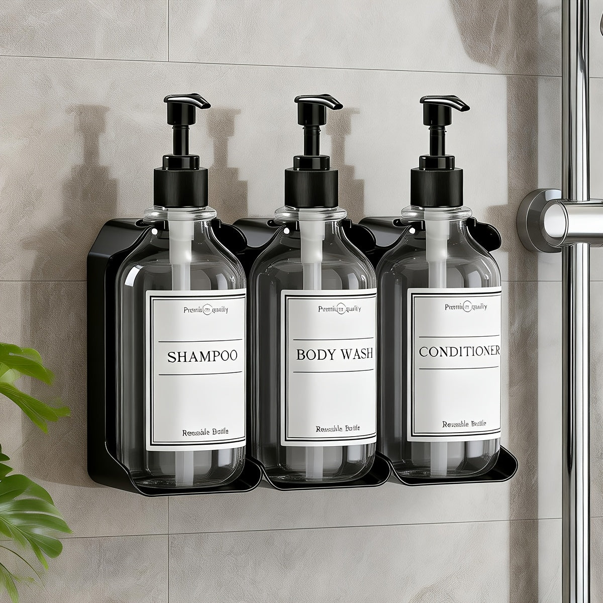No-Drill & Easy-Refill 3-Chamber Shower Dispenser (16oz Chambers)