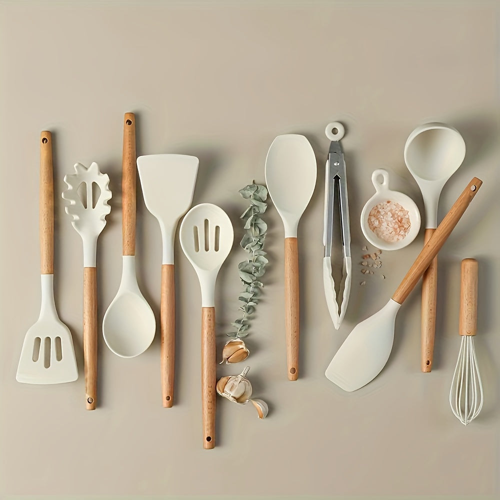 Heat-Resistant Silicone Utensil Set With Wooden Handles (10-Piece)