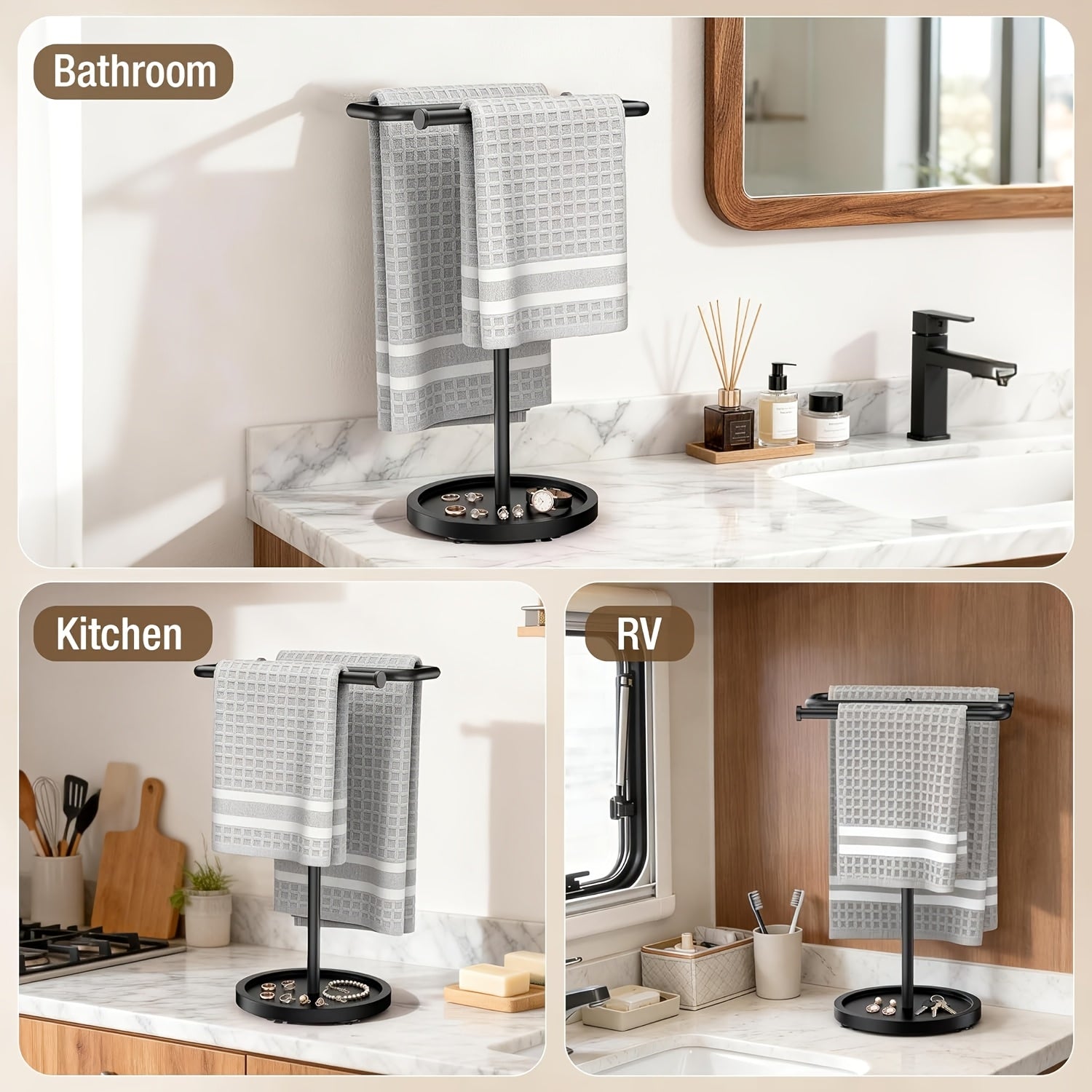 Adjustable Height Suction-Base Towel Rack & Jewelry Tray