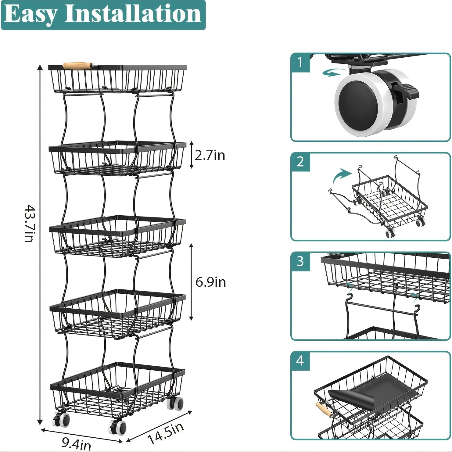 Stackable Metal Fruit & Veg Basket (4/5-Layer, Wheels)