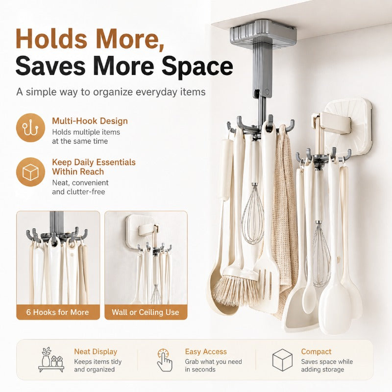 Self-Adhesive 360° Rotating Hook Rack (6 Hooks)