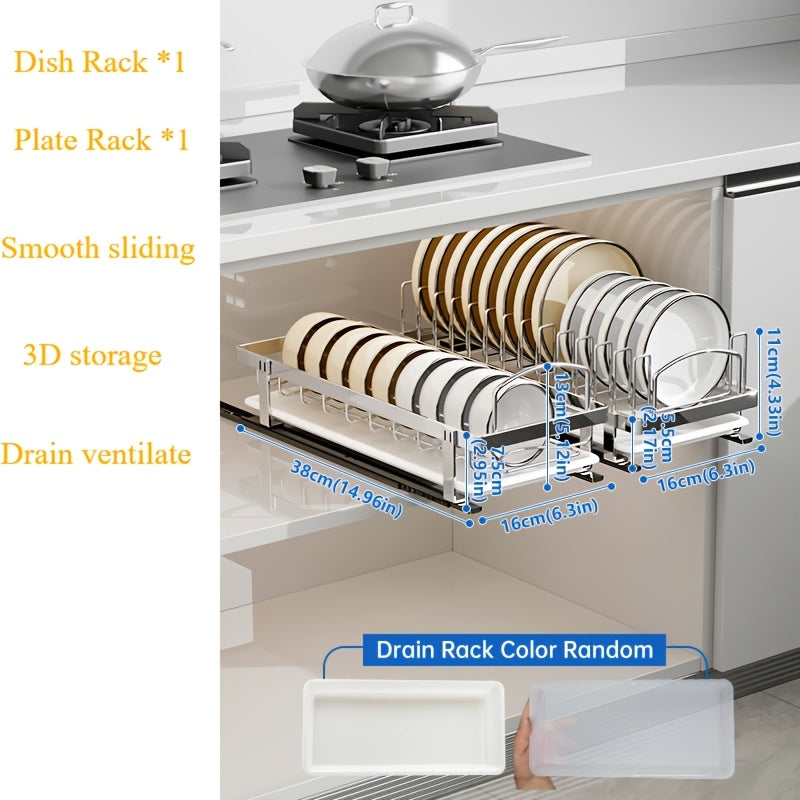 Stainless Steel Pull-Out Dish Rack (Adjustable Dividers & Drain Tray)