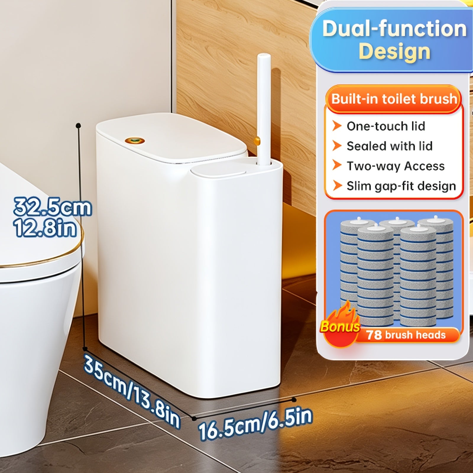 Space-Saving Pull-Out Trash Can & Toilet Brush Set (With Disposable Heads)