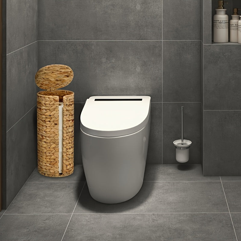 Vertical Woven Rattan Toilet Paper Storage Basket (With Lid)