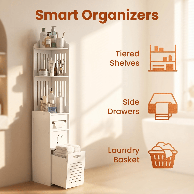 Space-Saving Multi-Tier Floor-Mounted Corner Bathroom Shelf (With Pull-Out Laundry Basket)
