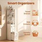 Space-Saving Multi-Tier Floor-Mounted Corner Bathroom Shelf (With Pull-Out Laundry Basket)