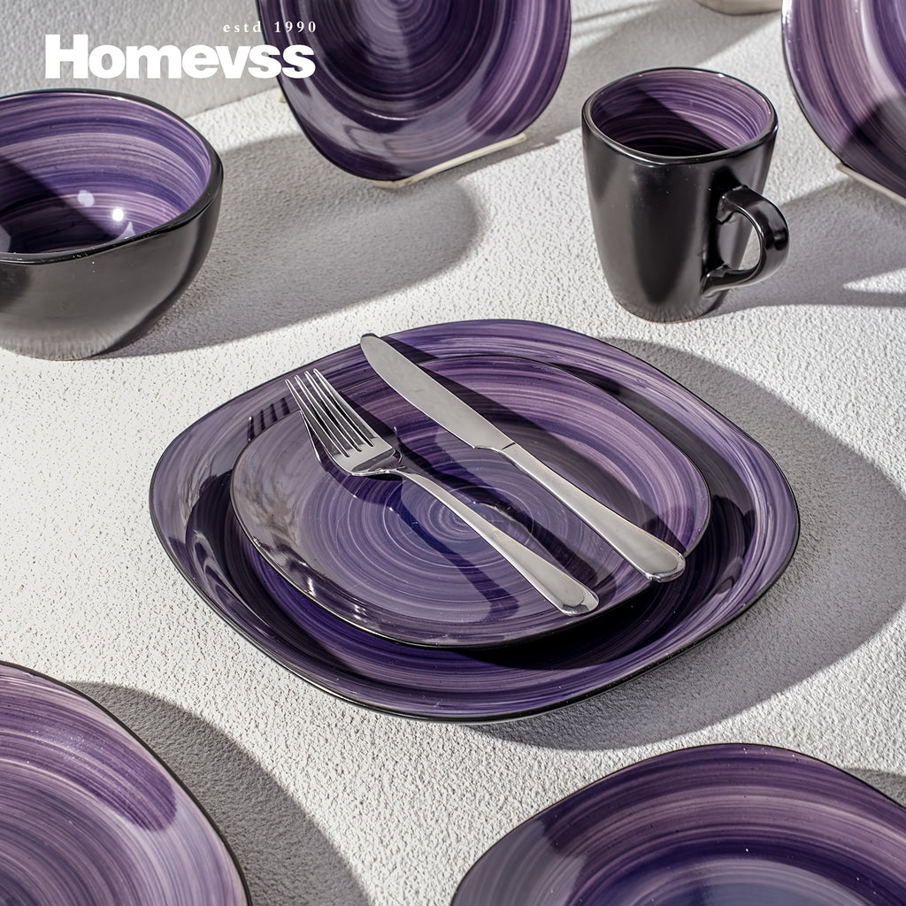 Hand-Brushed Square Stoneware Dinnerware Set (16-Piece)