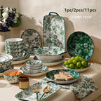 Green Rose Floral Ceramic Tableware Set (Multi-Piece)