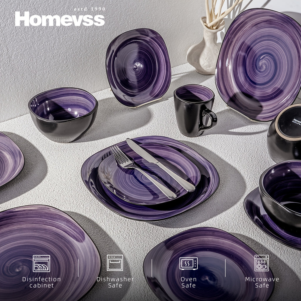 Hand-Brushed Square Stoneware Dinnerware Set (16-Piece)