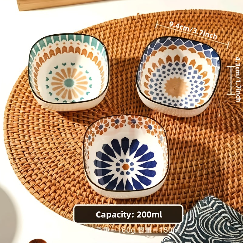 Bohemian Hand-Painted Ceramic Square Bowl Set (Set of 6)
