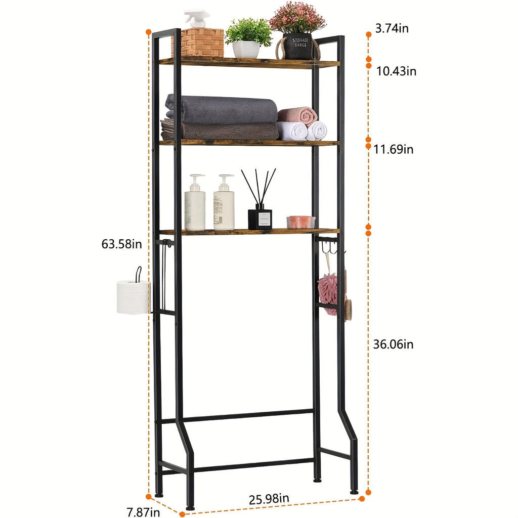 Space-Saving 3-Tier Wood Over-Toilet Shelf (Freestanding, Paper Holder & Hooks)
