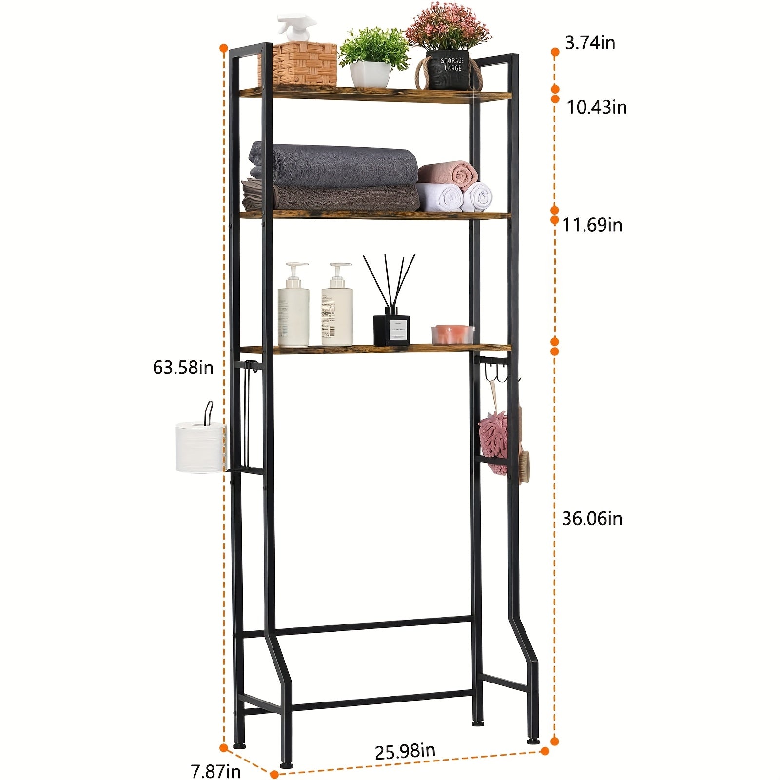 Space-Saving 3-Tier Wood Over-Toilet Shelf (Freestanding, Paper Holder & Hooks)