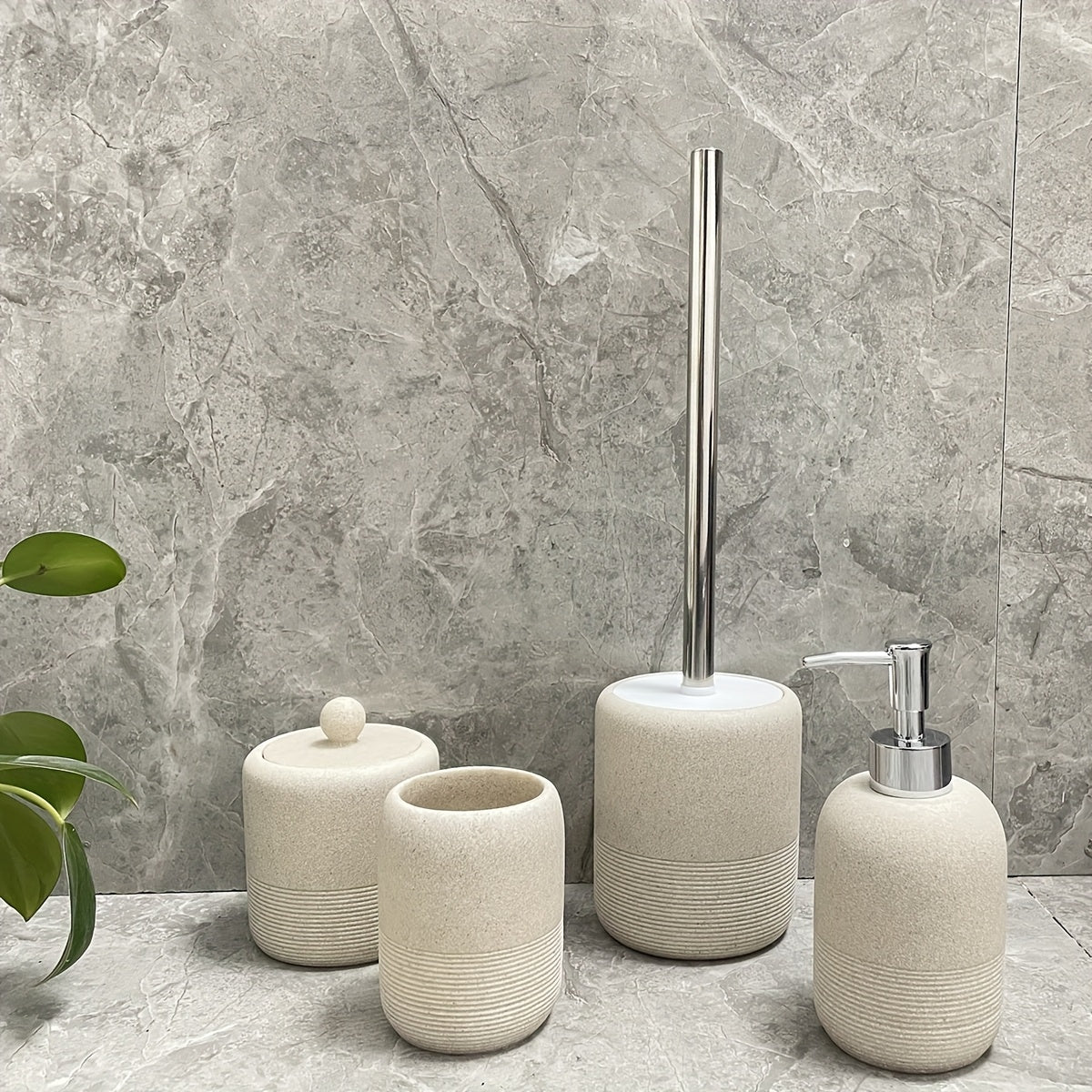 Durable Easy-Clean Beige Sandstone Bathroom Accessories Set (4-Piece)