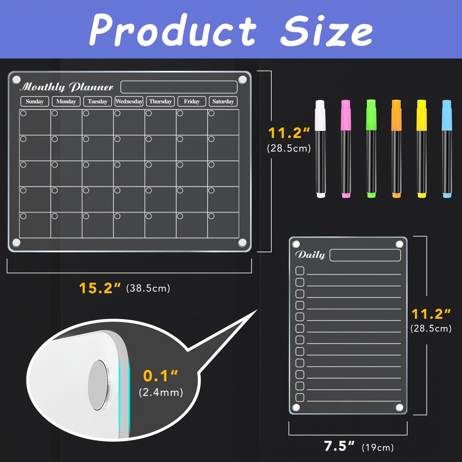 Clear Acrylic Magnetic Dry-Erase Fridge Calendar (With 6 Markers)
