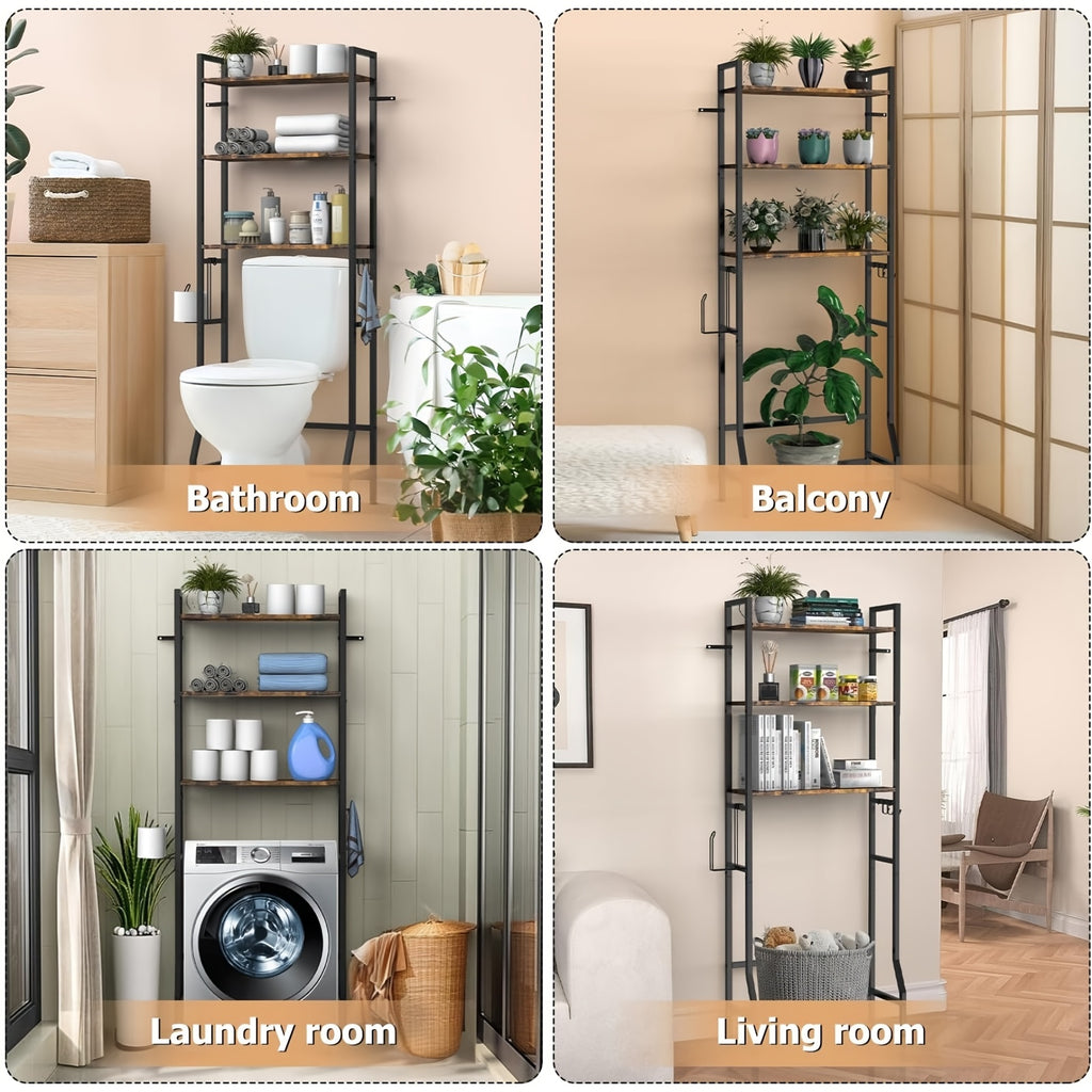 Space-Saving 3-Tier Wood Over-Toilet Shelf (Freestanding, Paper Holder & Hooks)