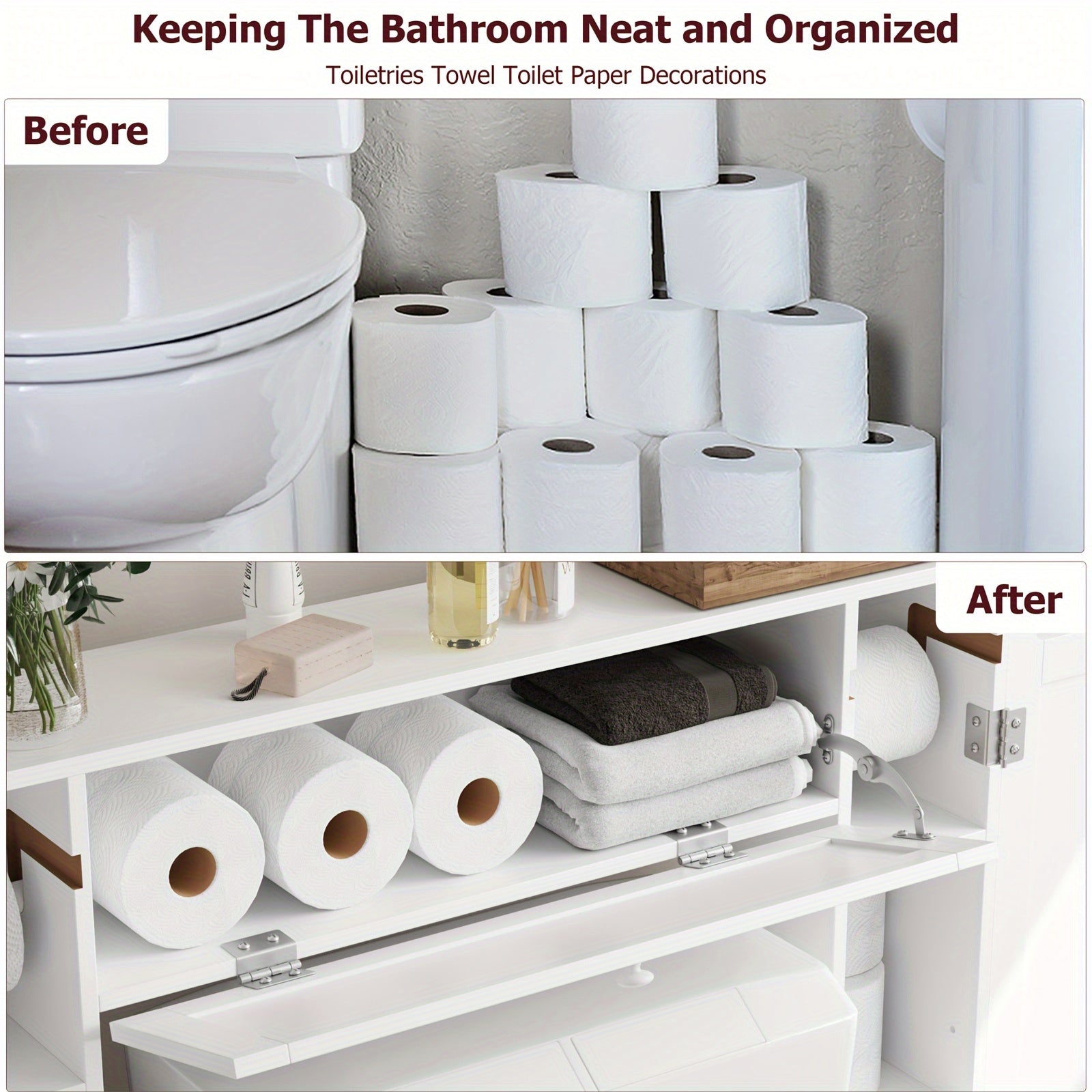 Space-Saving Adjustable Shelves & Toilet Paper Holder Over-Toilet Cabinet