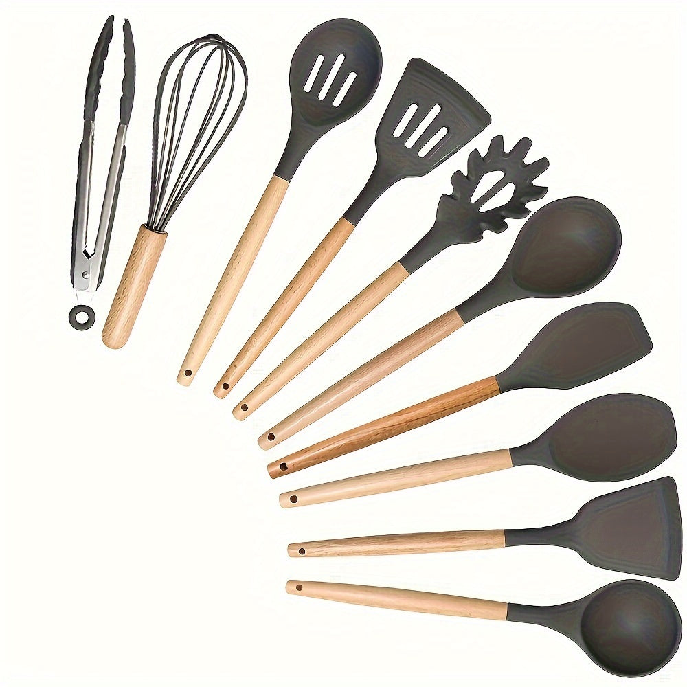 Heat-Resistant Silicone Utensil Set With Wooden Handles (10-Piece)