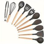 Heat-Resistant Silicone Utensil Set With Wooden Handles (10-Piece)