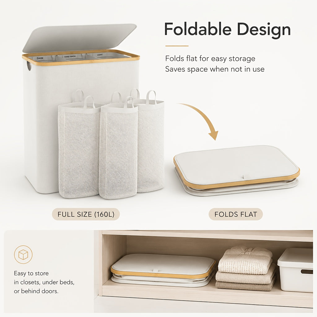 3-Section Bamboo Laundry Hamper (Removable Washable Bags)