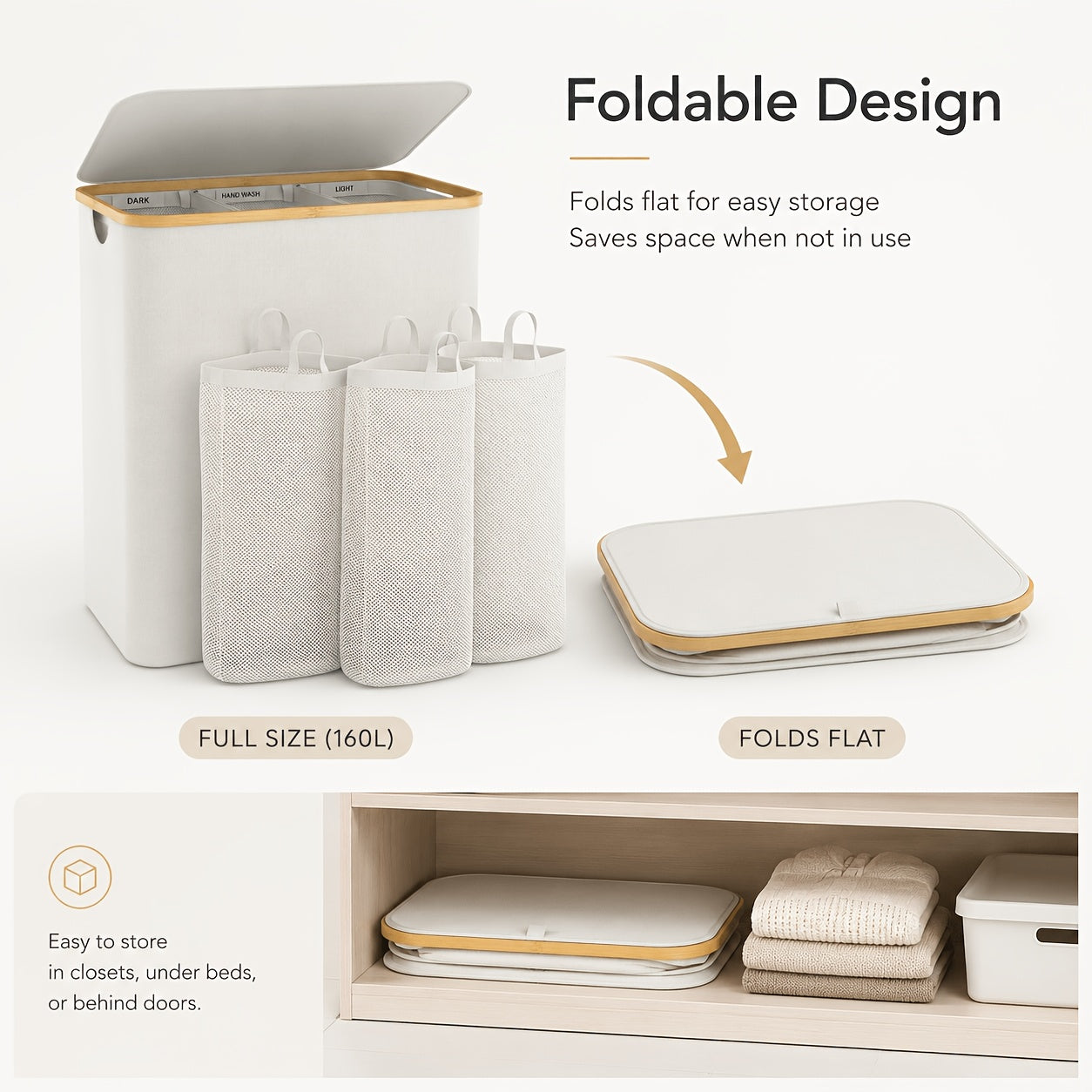 3-Section Bamboo Laundry Hamper (Removable Washable Bags)