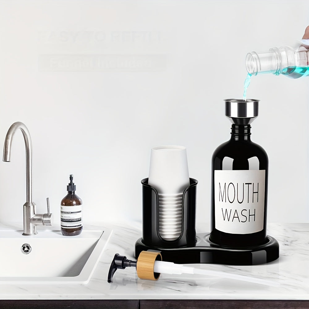 Refillable Freestanding Mouthwash Dispenser (16 Oz, Cup Holder)