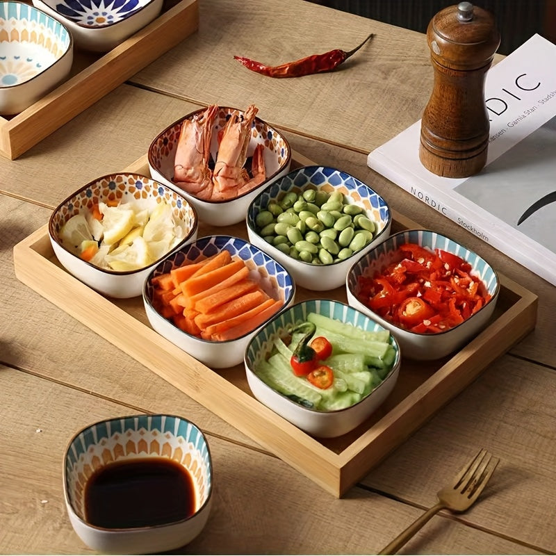 Bohemian Hand-Painted Ceramic Square Bowl Set (Set of 6)