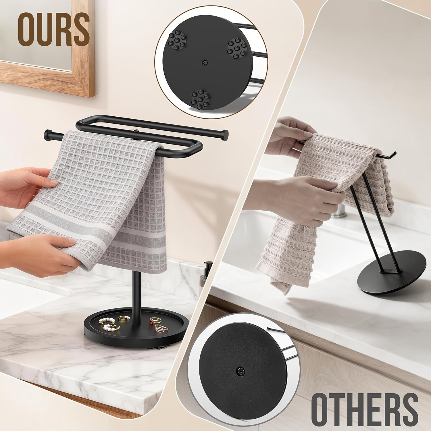 Adjustable Height Suction-Base Towel Rack & Jewelry Tray