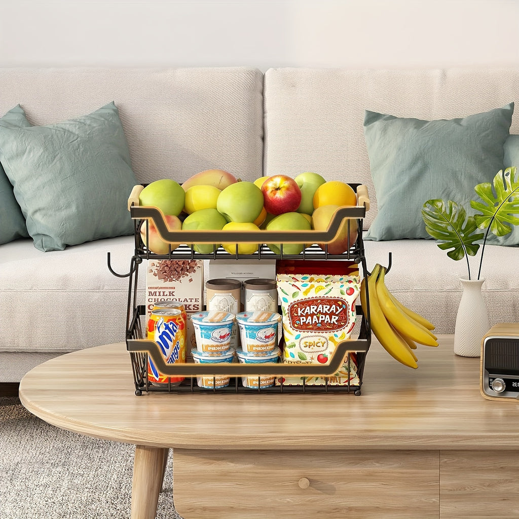 Dual-Tier Metal Countertop Fruit Basket (With Banana Hangers)